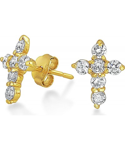 Accent CZ Baguette Small Petite Religious Cross Stud Earrings For Women Men Teens Yellow 14K Gold Plated .925 Sterling Silver...