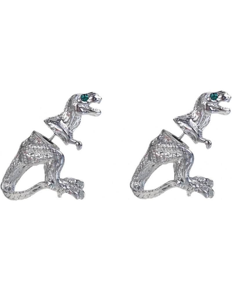 Dinosaur 3D Double Sided Ear Stud Earrings for Women Silver Tone with Green Rhinestones $7.64 Earrings