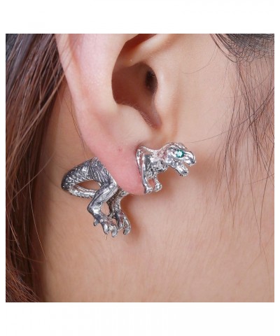 Dinosaur 3D Double Sided Ear Stud Earrings for Women Silver Tone with Green Rhinestones $7.64 Earrings