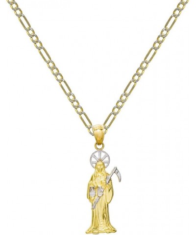 14K Two Tone Gold Santa Muerte Charm Pendant Necklace - 1.8 mm White Pave Figaro Chain $93.74 Necklaces