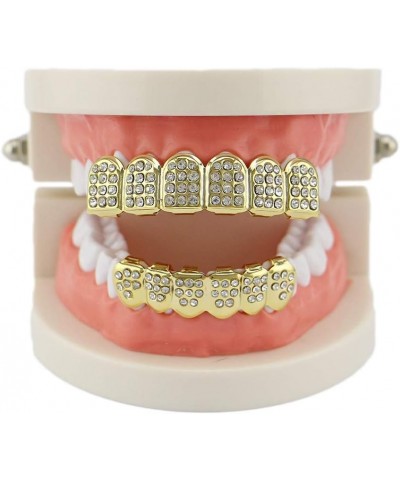 18k Gold Plated Iced Out Grills with Diamond Hip Hop Teeth Grillz Caps Top and Bottom Set for Your Teeth Golden $8.15 Body Je...