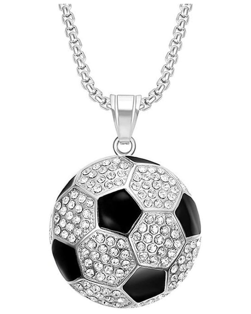 Unisex Stainless Steel Hip Hop Cool Simulation Stereoscopic Sports Soccer Pendant Necklace Ice Out Crystal Inlay Small Silver...