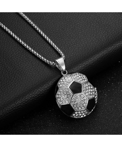 Unisex Stainless Steel Hip Hop Cool Simulation Stereoscopic Sports Soccer Pendant Necklace Ice Out Crystal Inlay Small Silver...