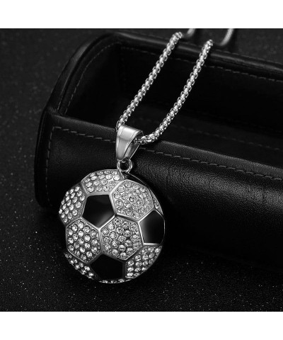 Unisex Stainless Steel Hip Hop Cool Simulation Stereoscopic Sports Soccer Pendant Necklace Ice Out Crystal Inlay Small Silver...