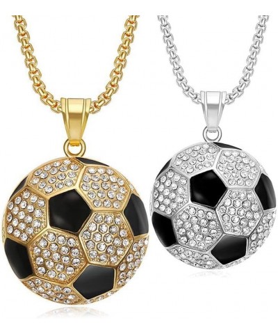 Unisex Stainless Steel Hip Hop Cool Simulation Stereoscopic Sports Soccer Pendant Necklace Ice Out Crystal Inlay Small Silver...